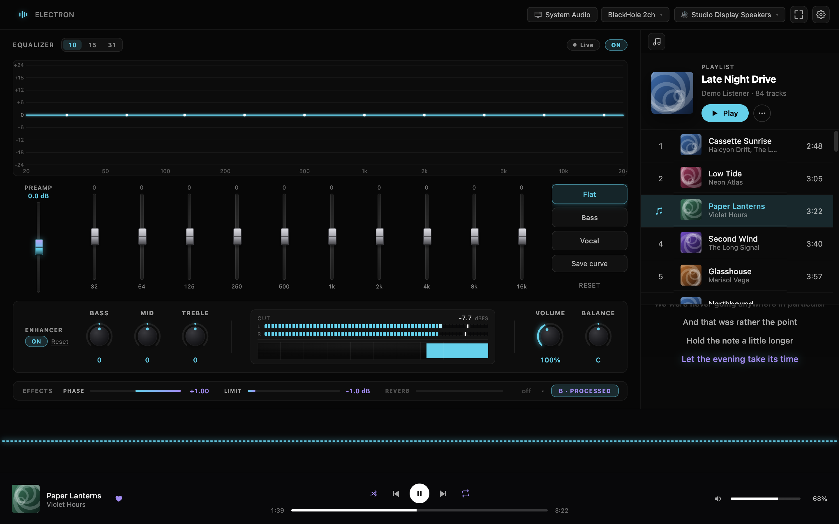 Electron running: a 31-band EQ with its live response curve and output meters, a playlist with synced lyrics alongside, and the bar visualizer across the banner.