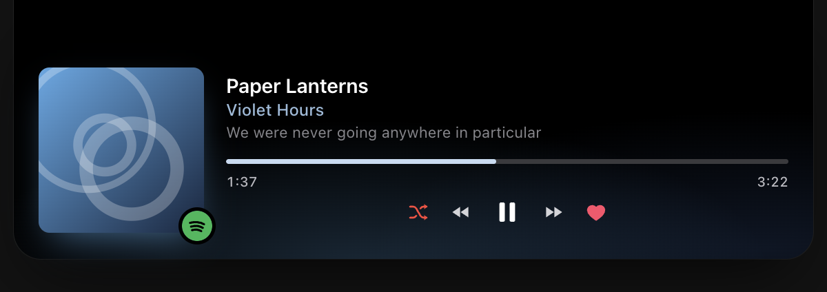 The notch panel expanded, showing album art, track and artist, the current lyric line, a scrubber and transport controls.